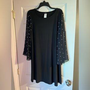 Large MSK knee length dress with sheer sleeves adorned in pearls.